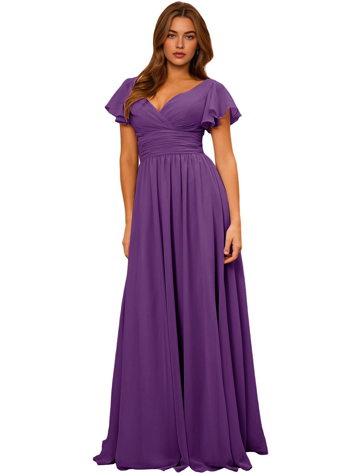 Purple V-neck chiffon bridesmaid dress with flutter sleeves and empire waist
