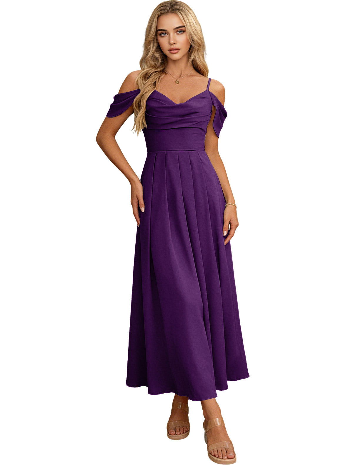 Off-shoulder midi bridesmaid dress in rich purple with pleated bodice and flowing skirt