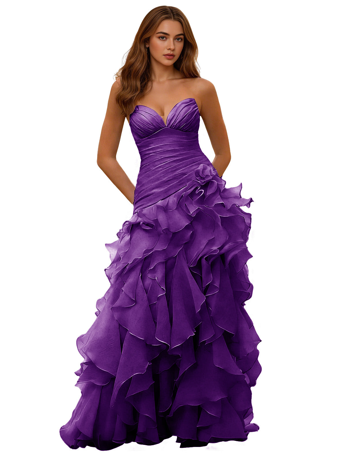 Strapless ruffle ball gown with draped corset bodice, purple layered skirt.