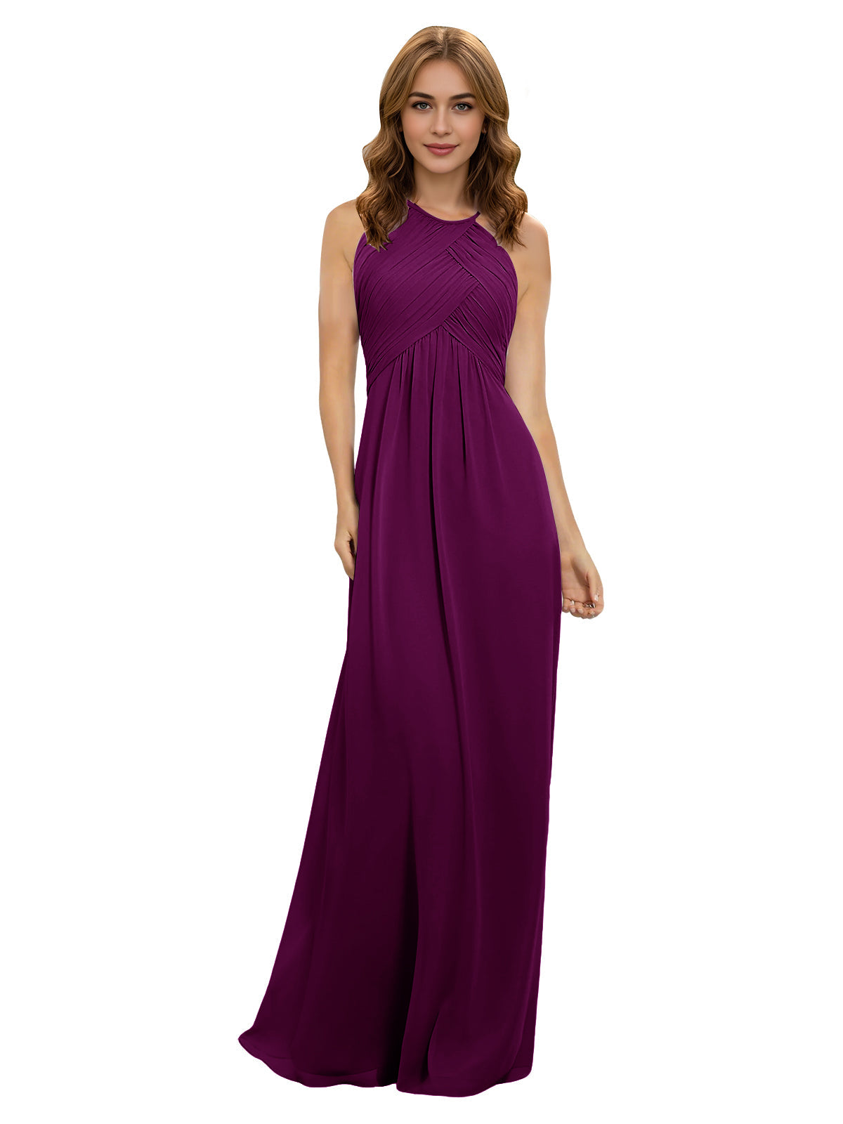 Purple chiffon bridesmaid dress with halter neckline and twist bodice, sleeveless maxi