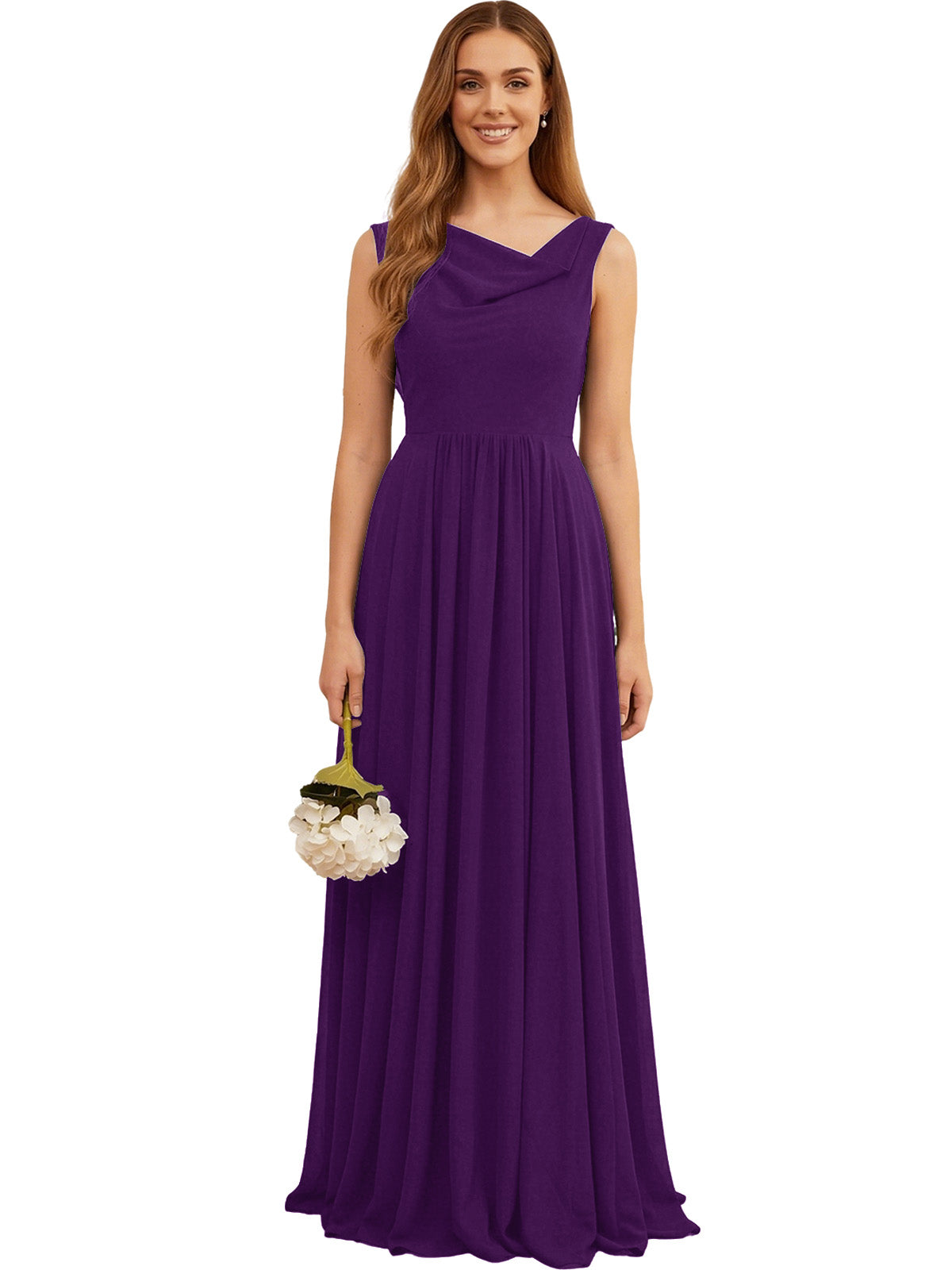 Purple sleeveless chiffon bridesmaid dress with V-neck and pleated flowing skirt