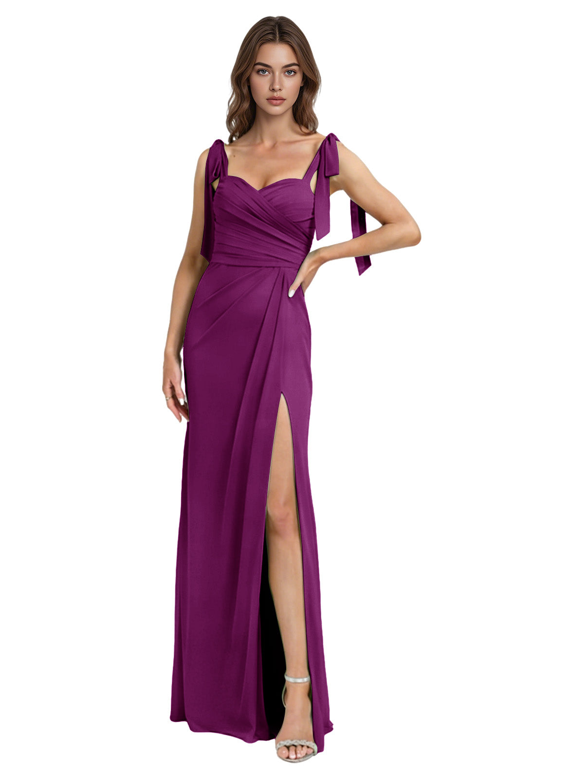 Plum purple chiffon bridesmaid dress with square neck, tie straps, and high slit