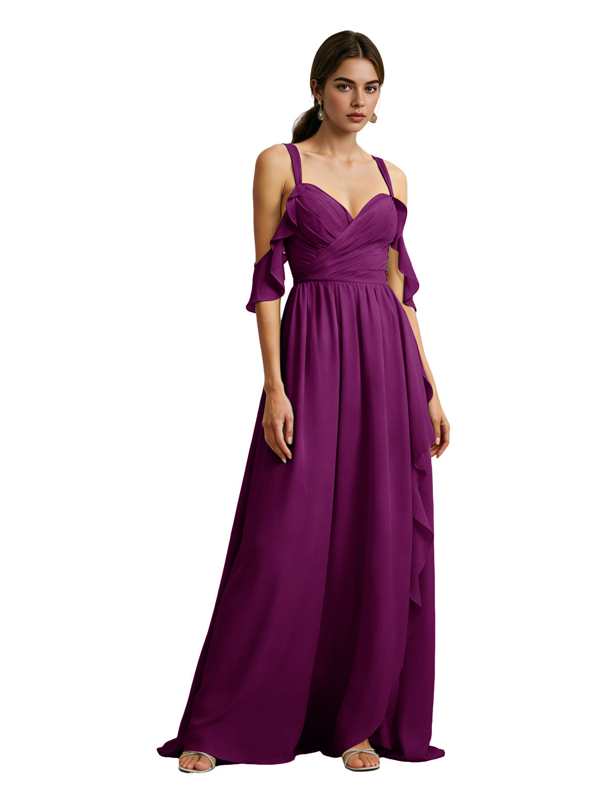 Cold-shoulder chiffon dress in plum purple, draped V-neck bodice, flowing maxi skirt