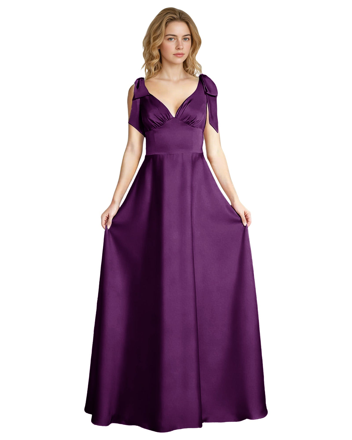 Purple satin V-neck bridesmaid dress with bow straps and empire waist, sleeveless