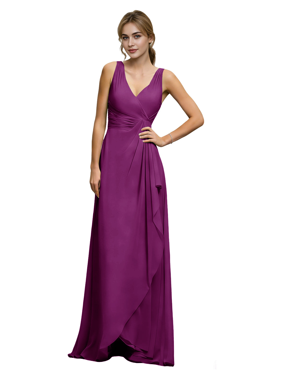 Plum purple chiffon bridesmaid dress with halter V-neck and draped sash waist