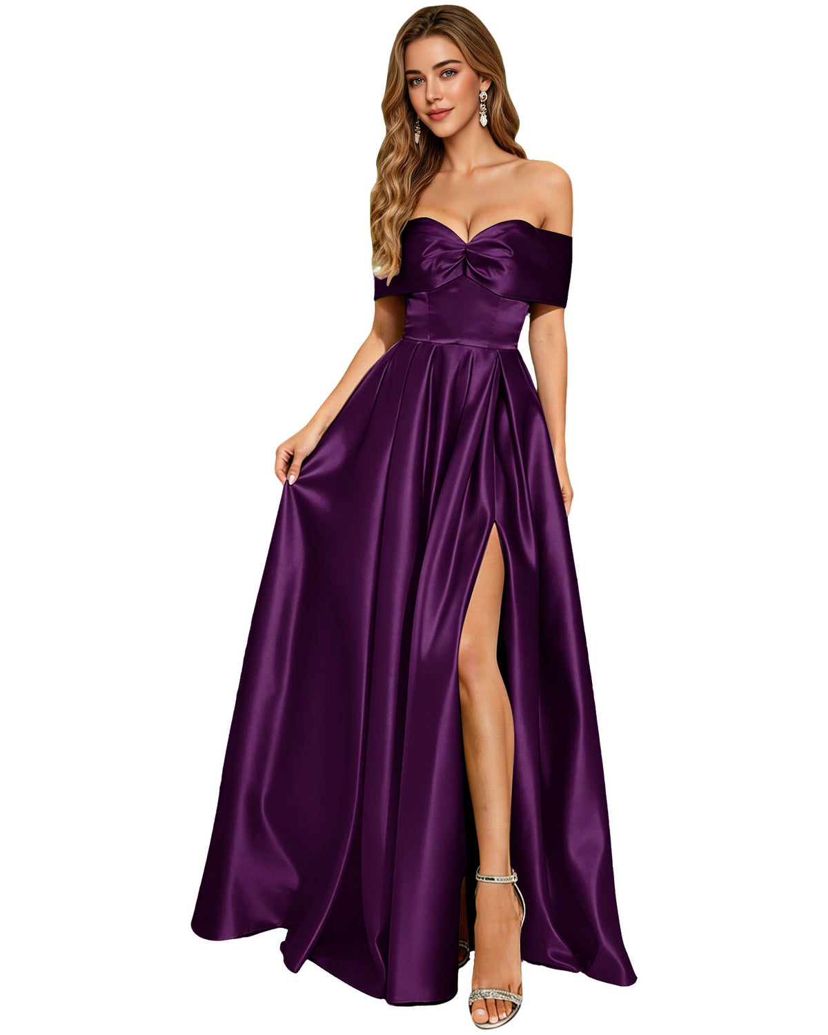Purple satin strapless A-line prom dress with bow bodice and thigh slit
