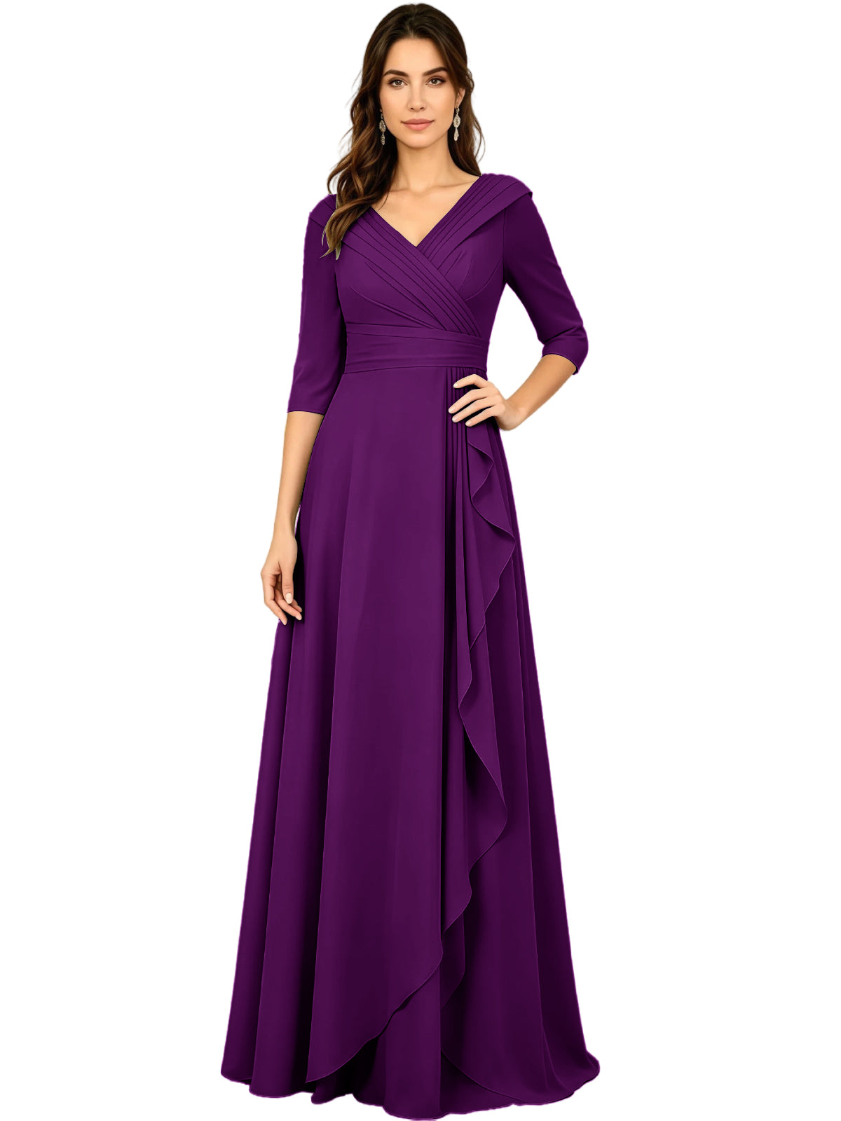 Purple V-neck A-line mother of the bride dress, half sleeves, asymmetrical side ruffle.