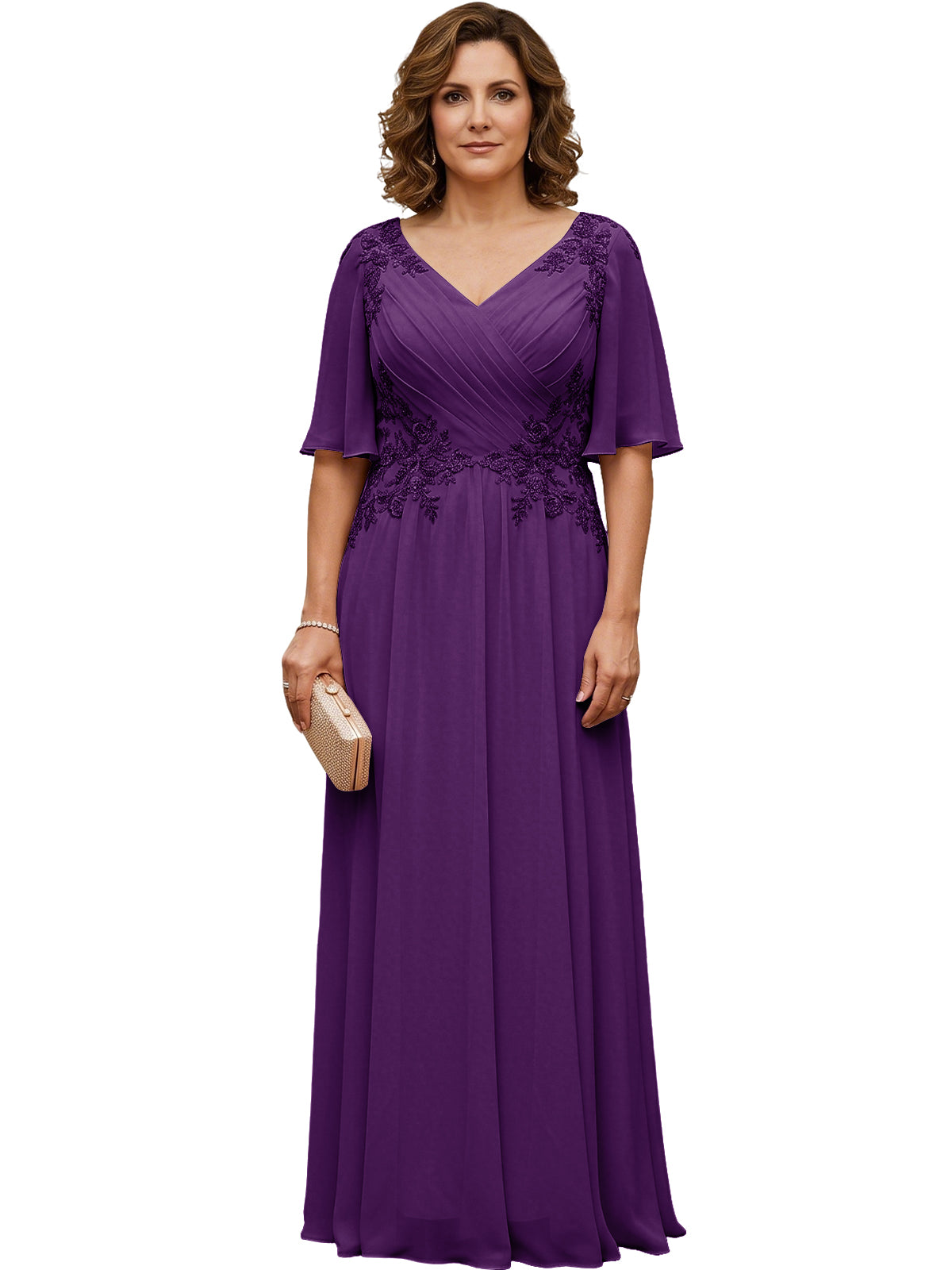 Purple long chiffon A-line gown with V-neck, flutter sleeves, and beaded lace details
