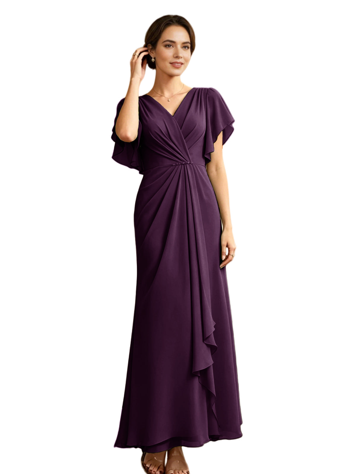 Plum purple chiffon V-neck mother-of-the-bride gown with flutter sleeves and draped waist