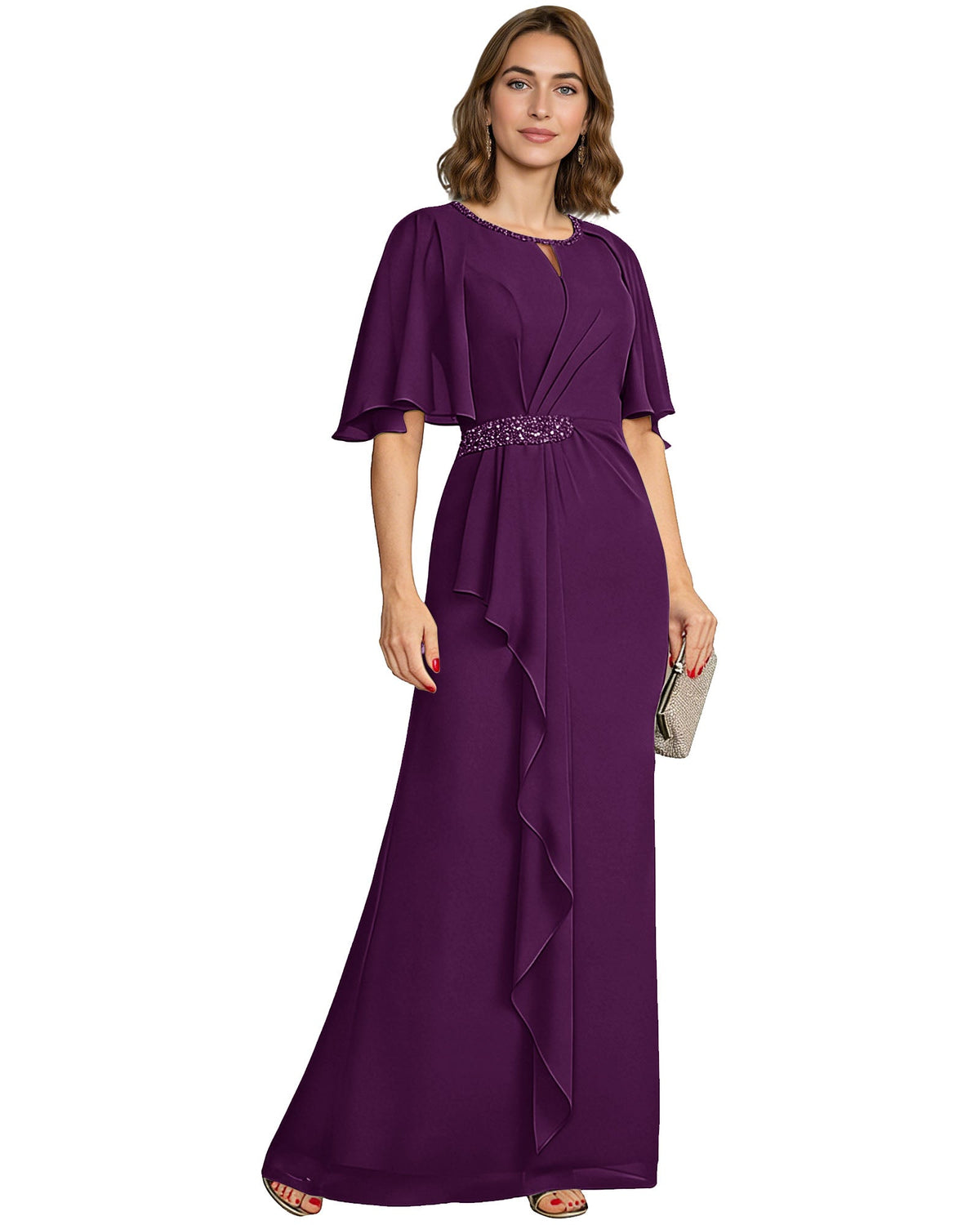Chiffon A-line formal dress with flutter sleeves, beaded waist, ruffle drape—plum