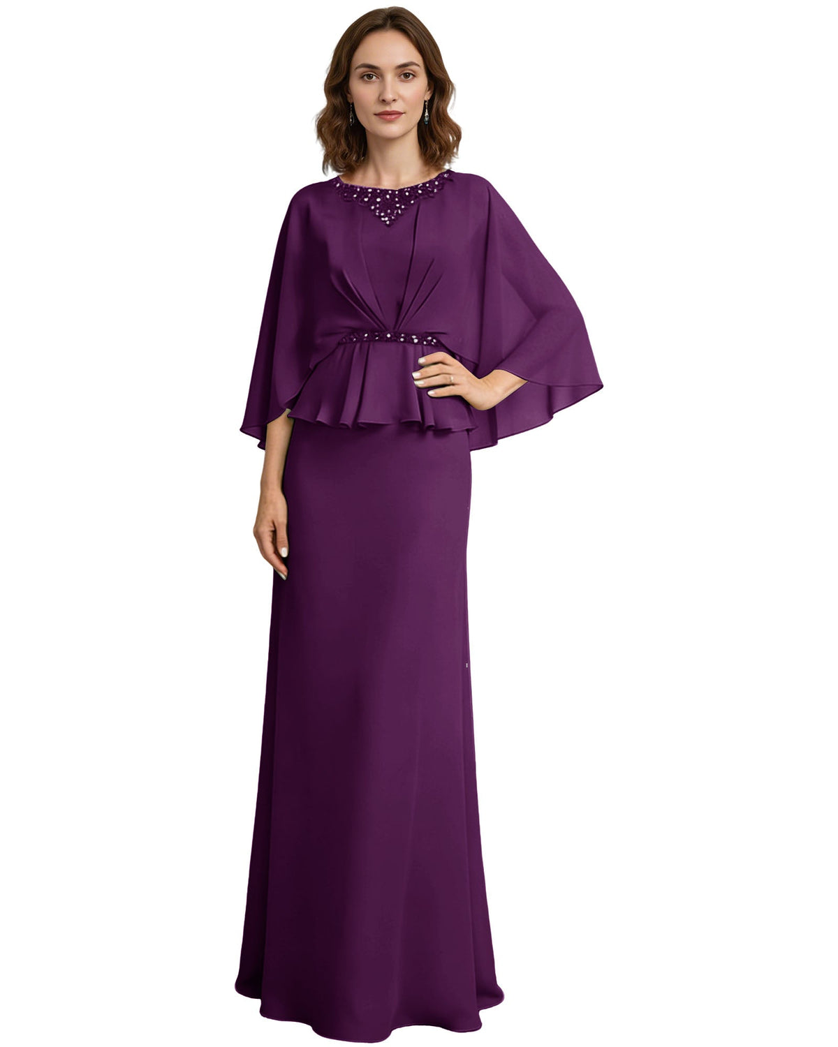 Purple long formal dress with beaded neckline, capelet sleeves, and peplum drape