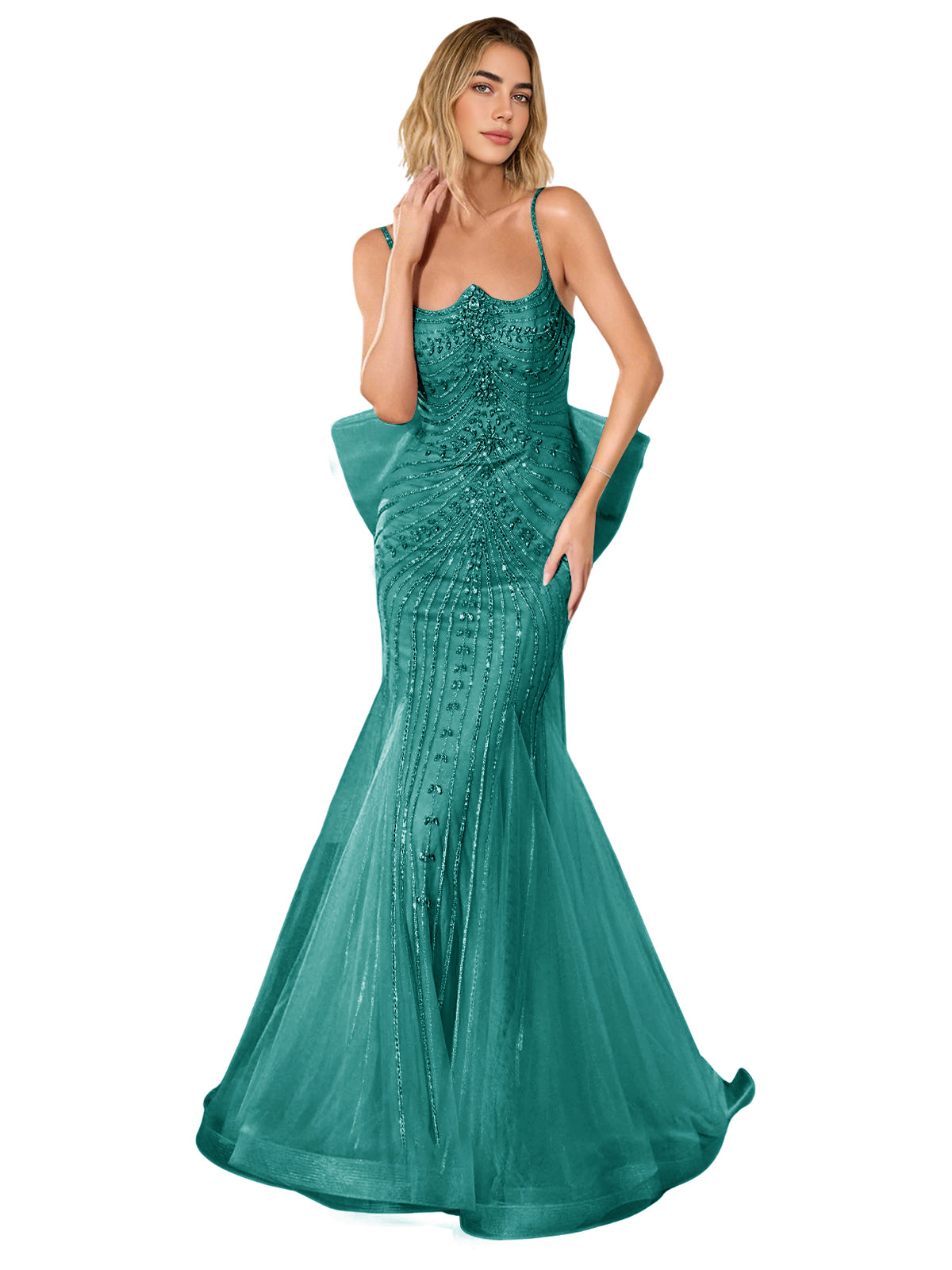 Teal green lace corset trumpet prom dress with thin straps and sweep train