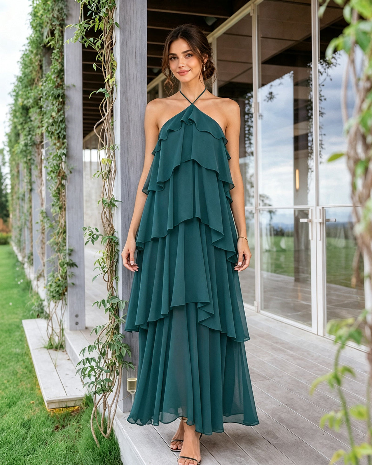 Deep teal halter-neck tiered chiffon bridesmaid dress with layered ruffle overlay