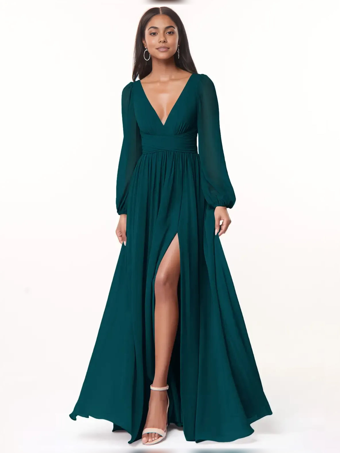 Deep teal slit A-line bridesmaid dress with plunging V-neck and long sleeves