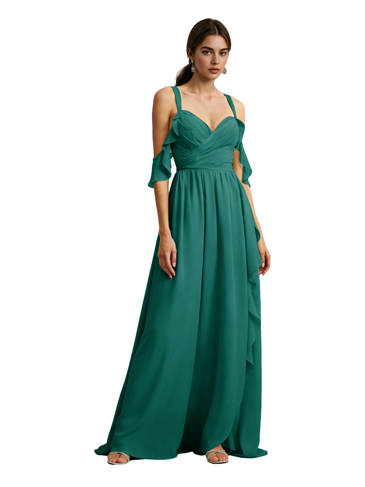 Emerald green chiffon cold-shoulder bridesmaid dress with draped V-neck bodice