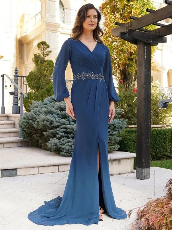 Peacock blue V-neck chiffon mother-of-the-bride dress with beaded waist and long slit