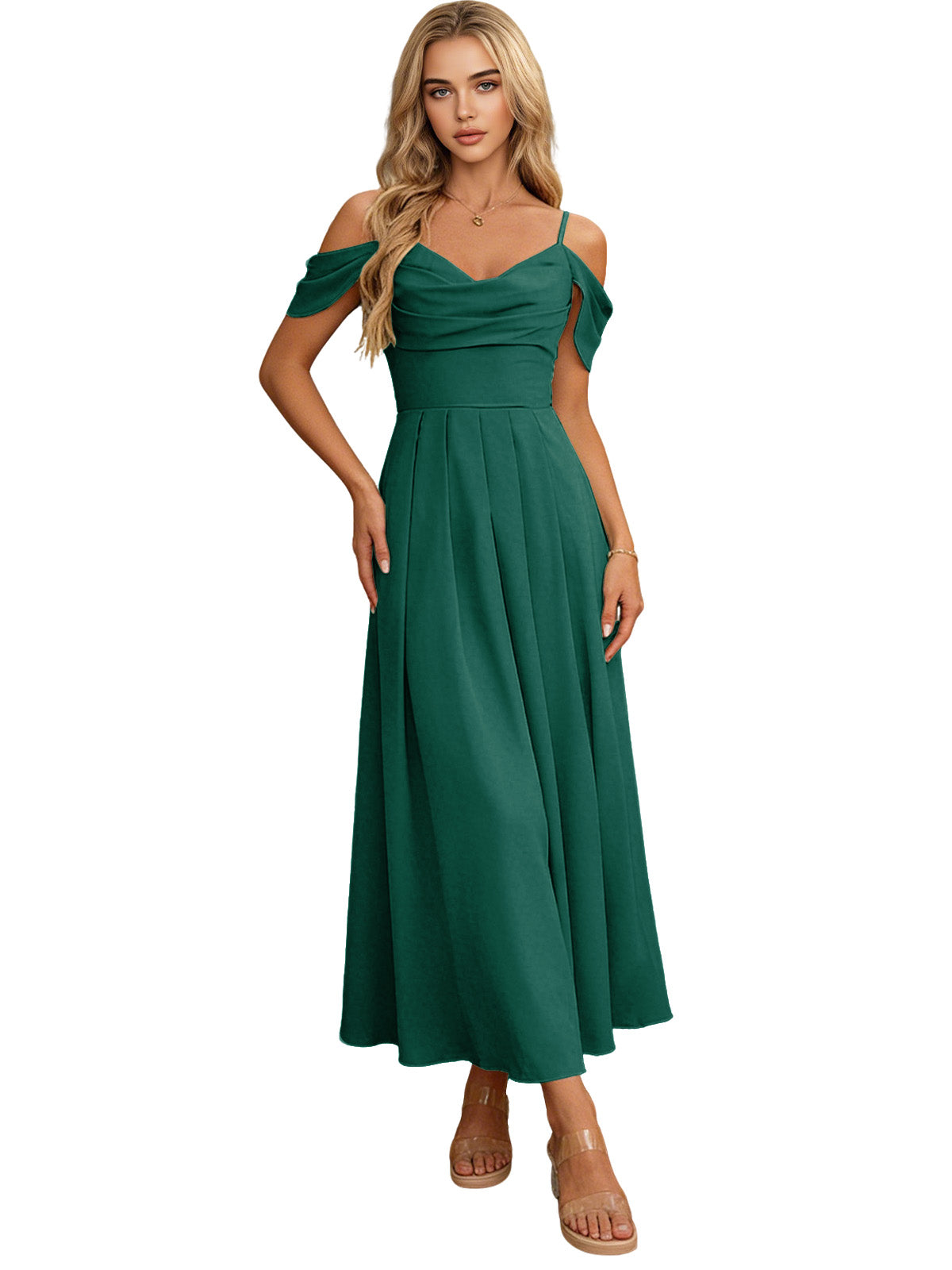 Emerald green off-shoulder midi bridesmaid dress with pleated bodice and flowing skirt