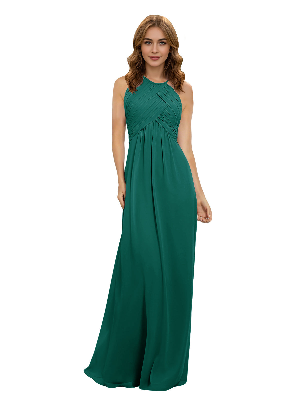 Deep teal chiffon bridesmaid dress with halter neckline and twist bodice, sleeveless maxi