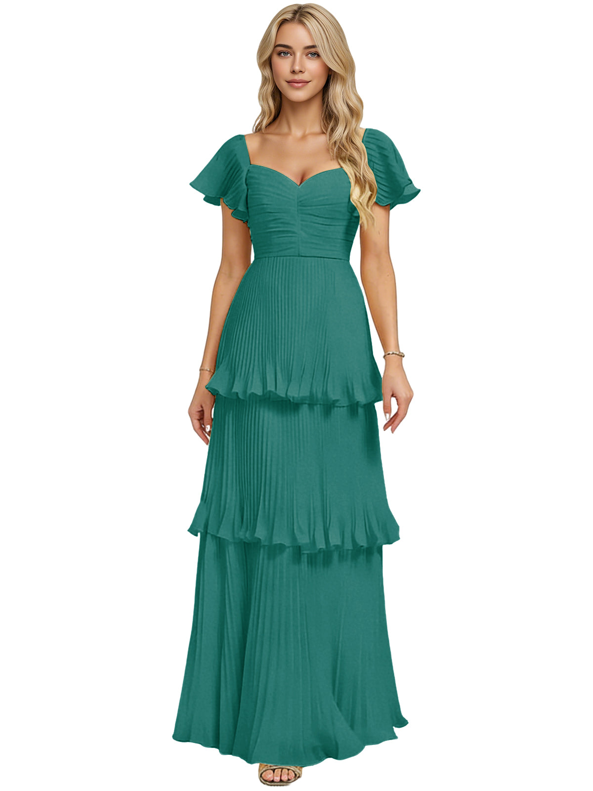 Emerald green chiffon bridesmaid dress with sweetheart neckline and tiered ruffles
