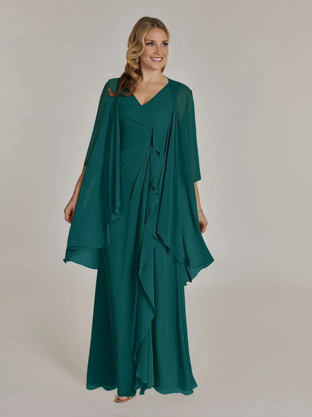 Peacock green V-neck chiffon maxi dress with layered cape sleeves and draped front detail