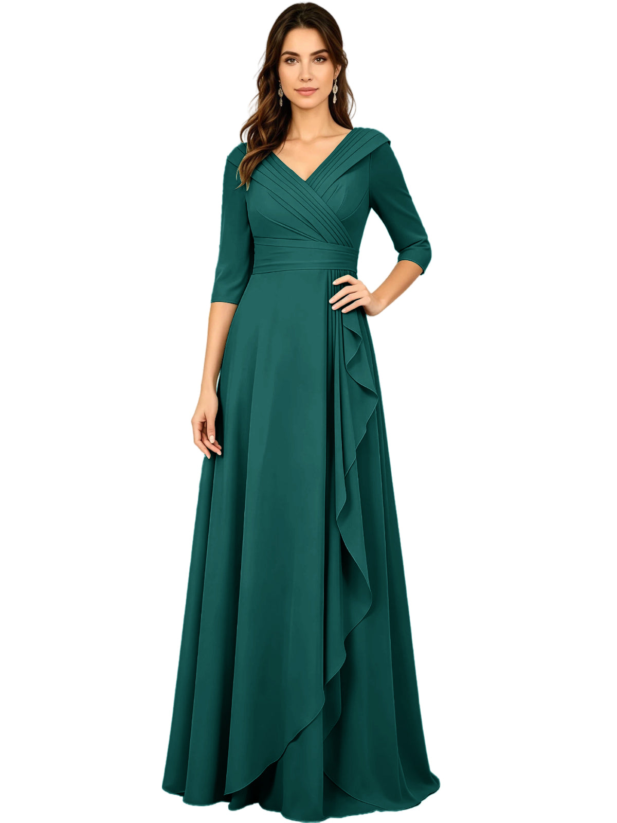 Deep green V-neck A-line mother of the bride dress with half sleeves and side ruffle.