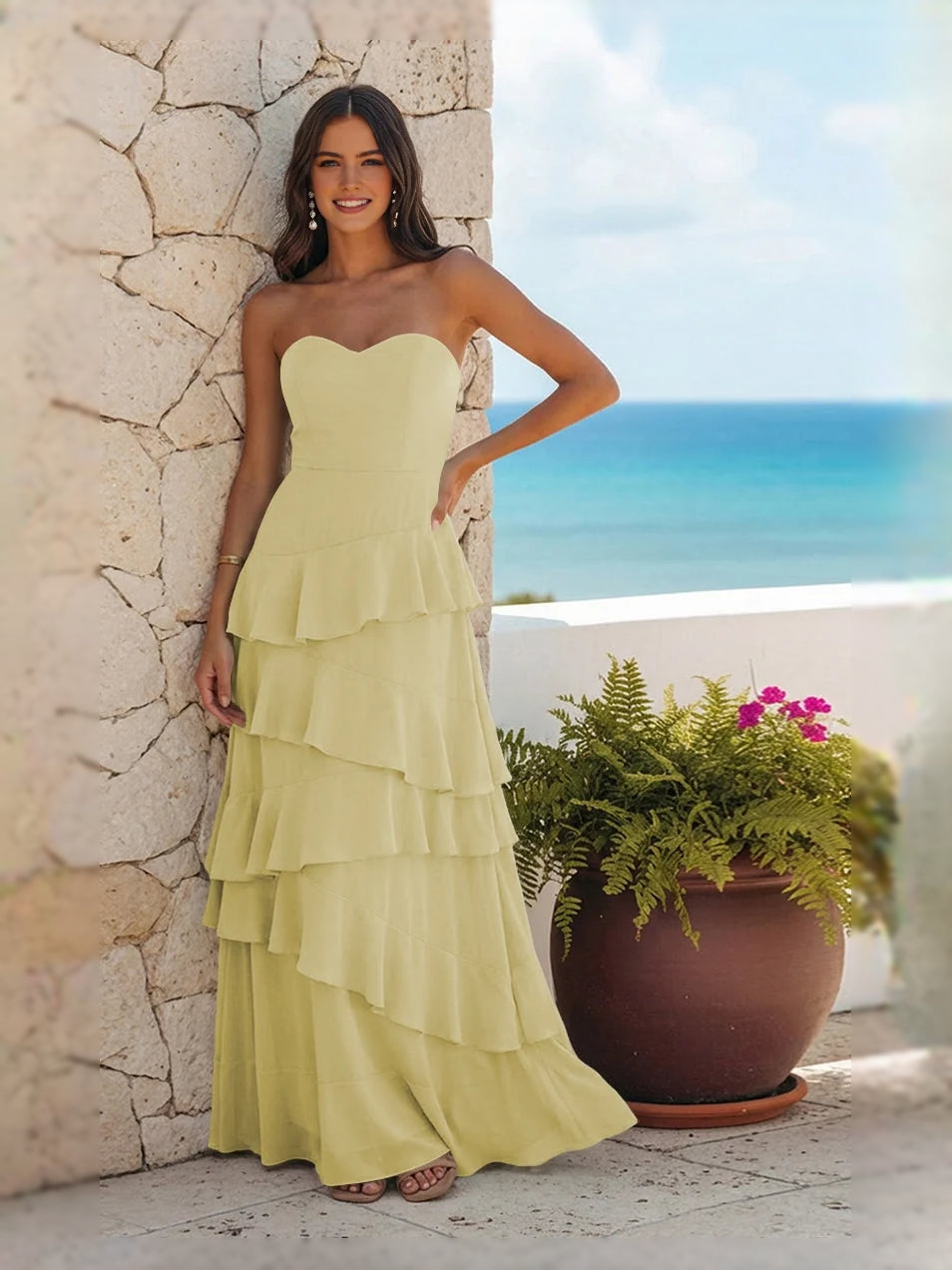 Mint green strapless sweetheart maxi dress with tiered ruffle tiers