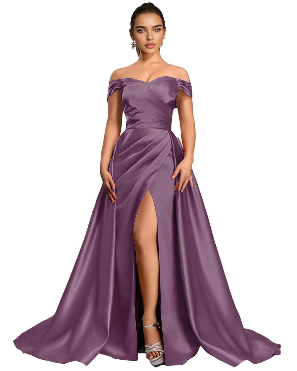 Lavender satin off-shoulder ball gown with draped bodice and front thigh slit