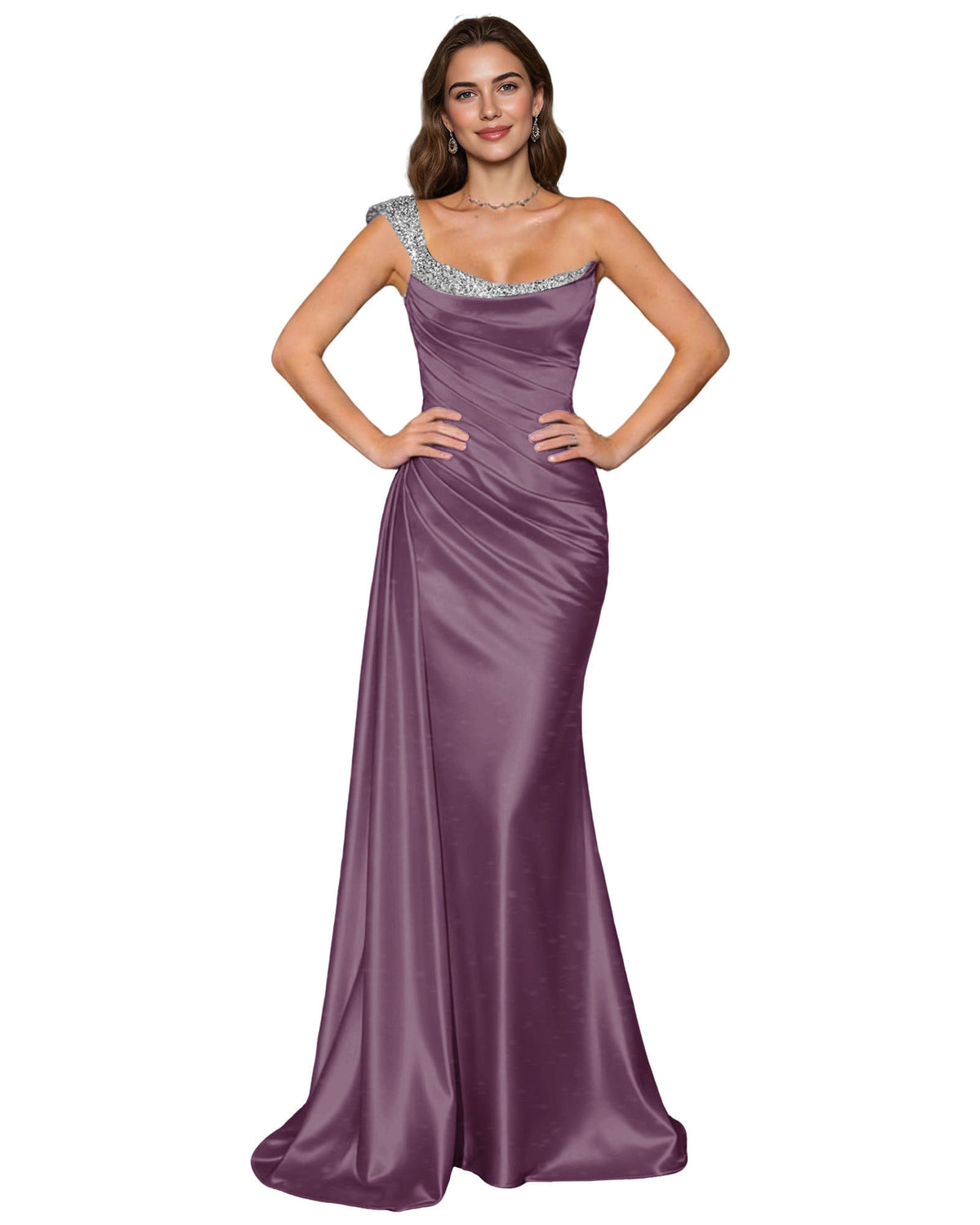 Lavender satin mermaid prom dress with draped cowl neckline and rhinestone spaghetti straps