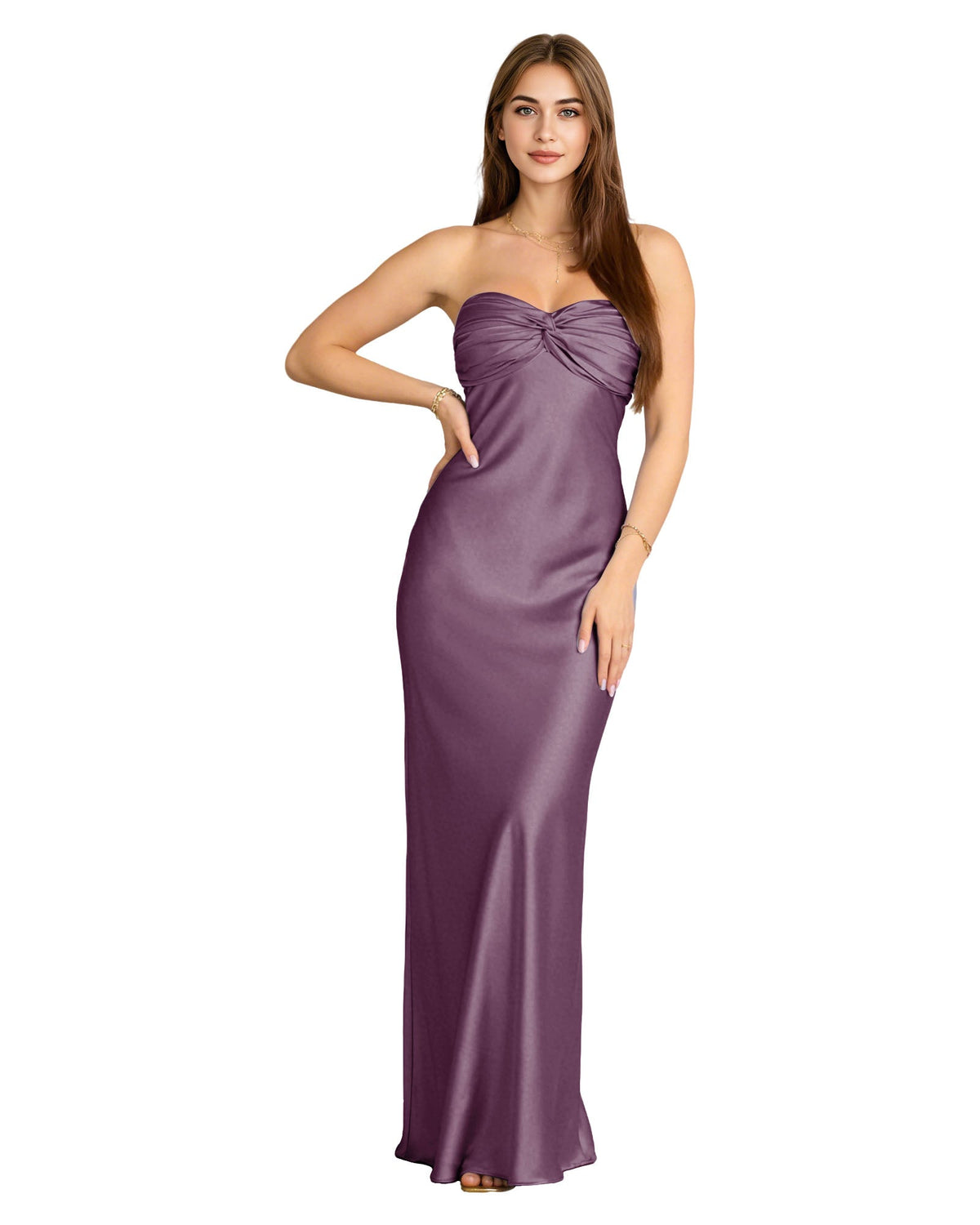 Strapless satin bridesmaid dress in lavender purple with twisted sweetheart bodice