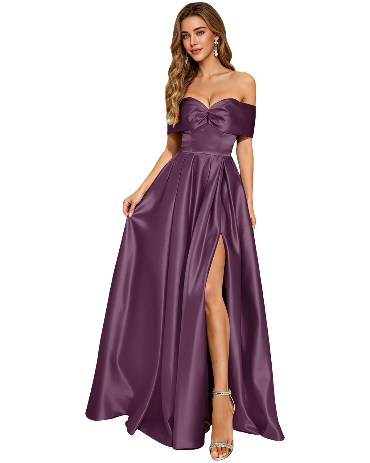 Dusty purple satin strapless A-line prom dress with bow bodice and thigh slit