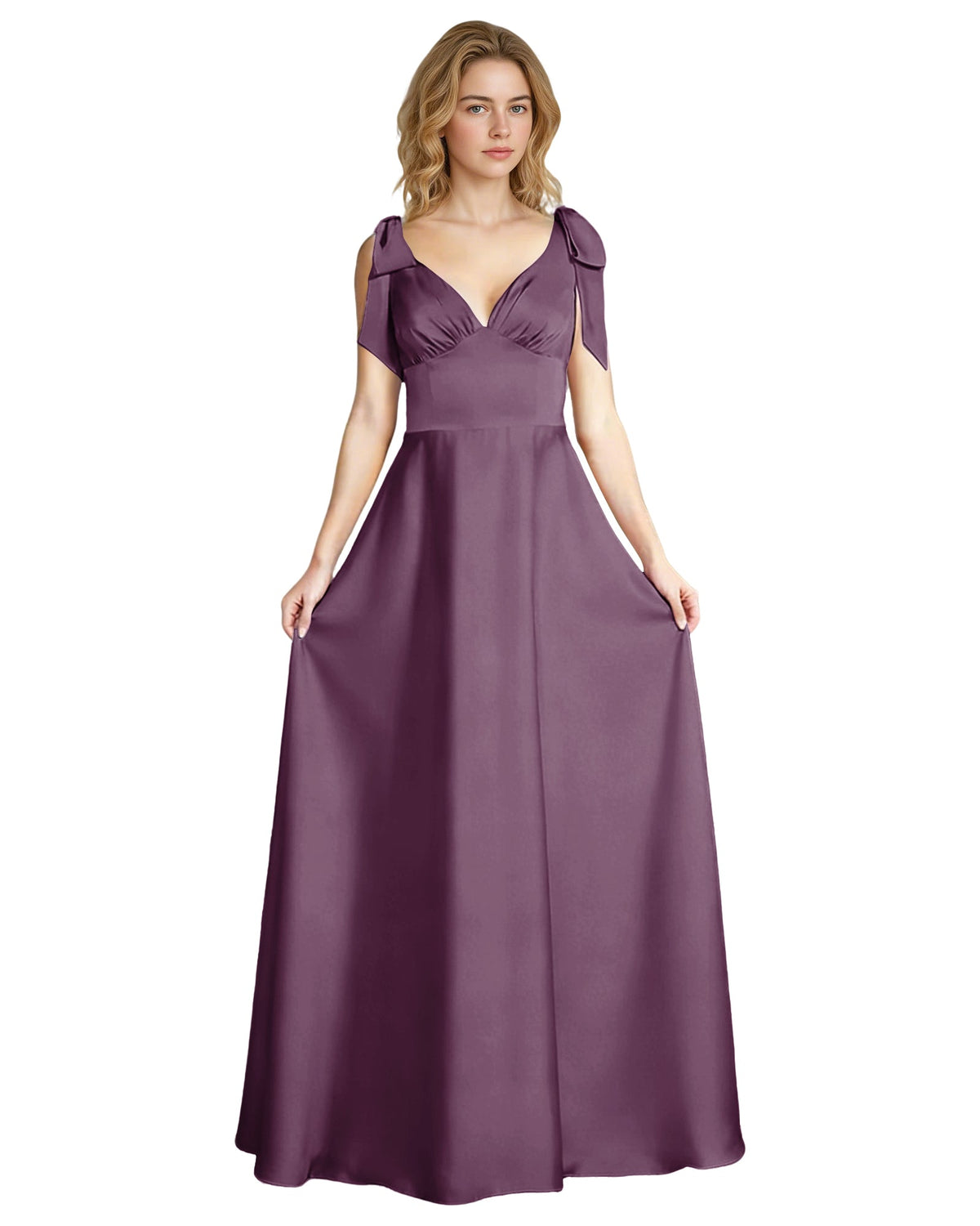 Purple satin V-neck bridesmaid dress with bow shoulder straps, empire waist, full skirt.