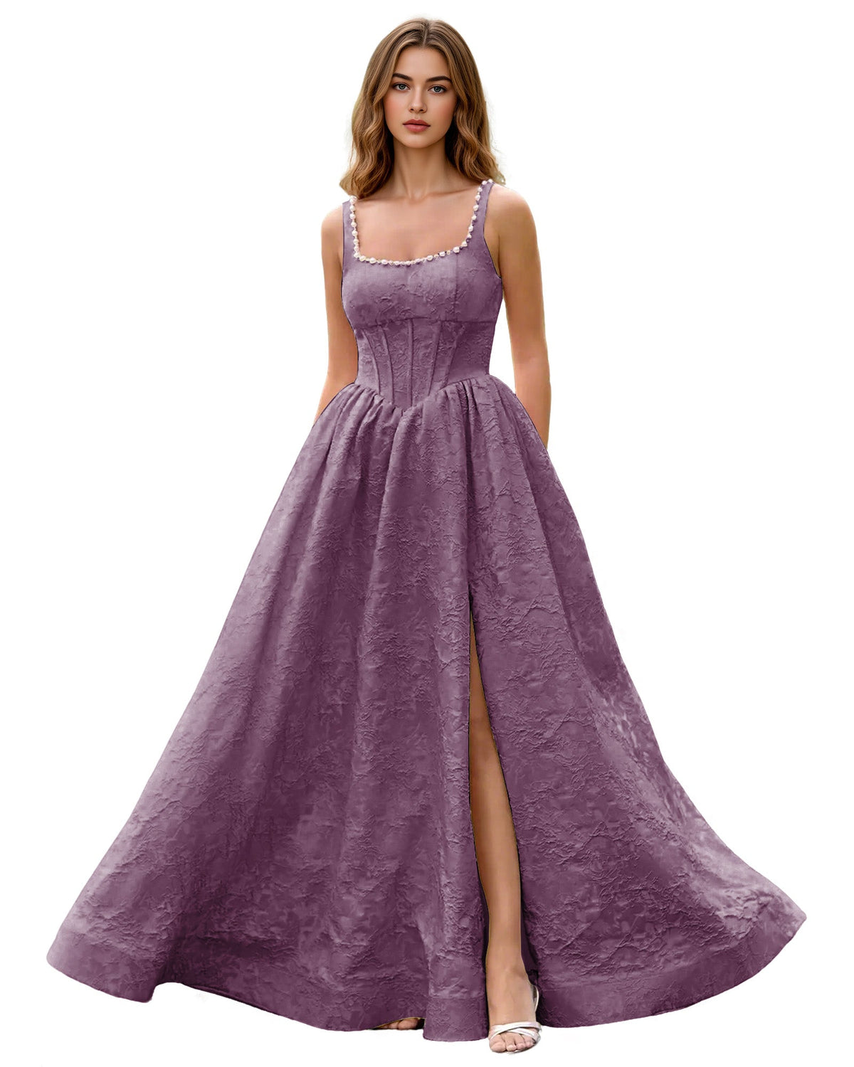 Lavender jacquard ball gown with square neckline, wide straps, fitted bodice, full skirt slit
