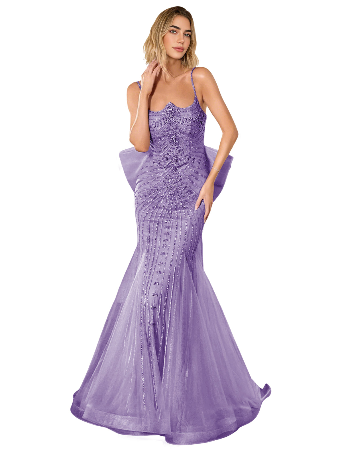 Lavender lace corset trumpet prom dress with thin straps and sweep train