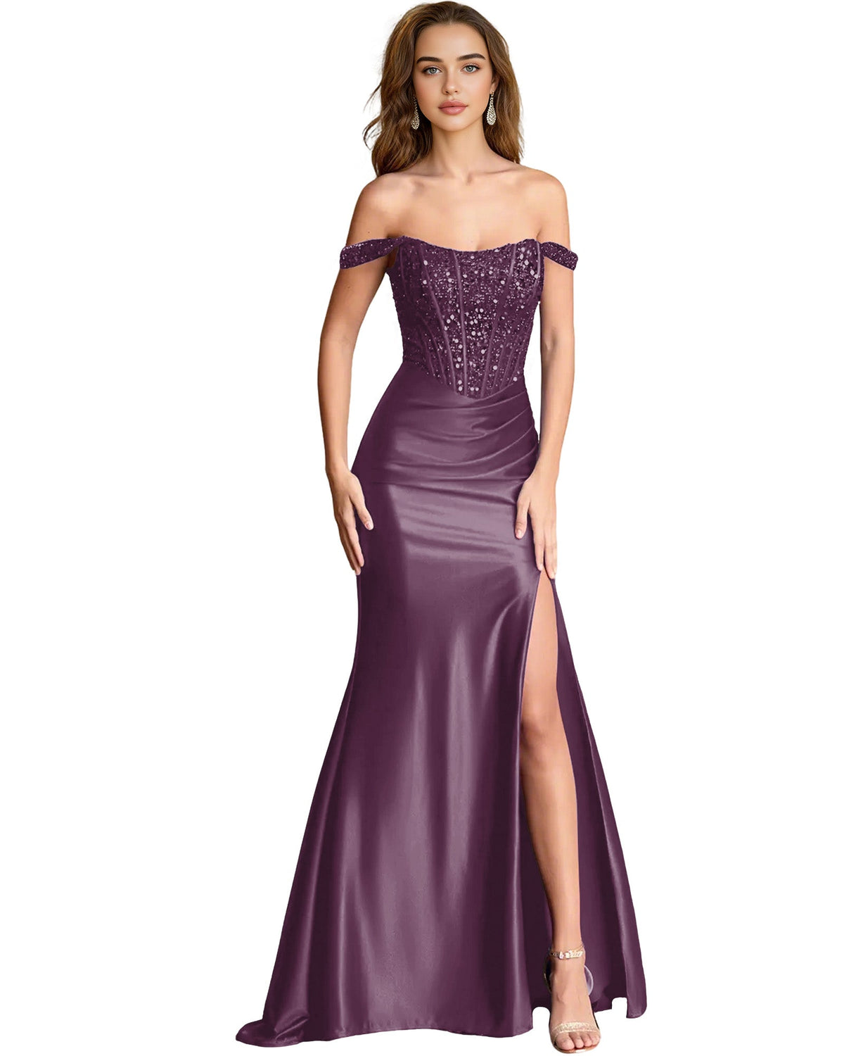 Dusty purple off-shoulder sequin satin mermaid dress with draped bodice and slit