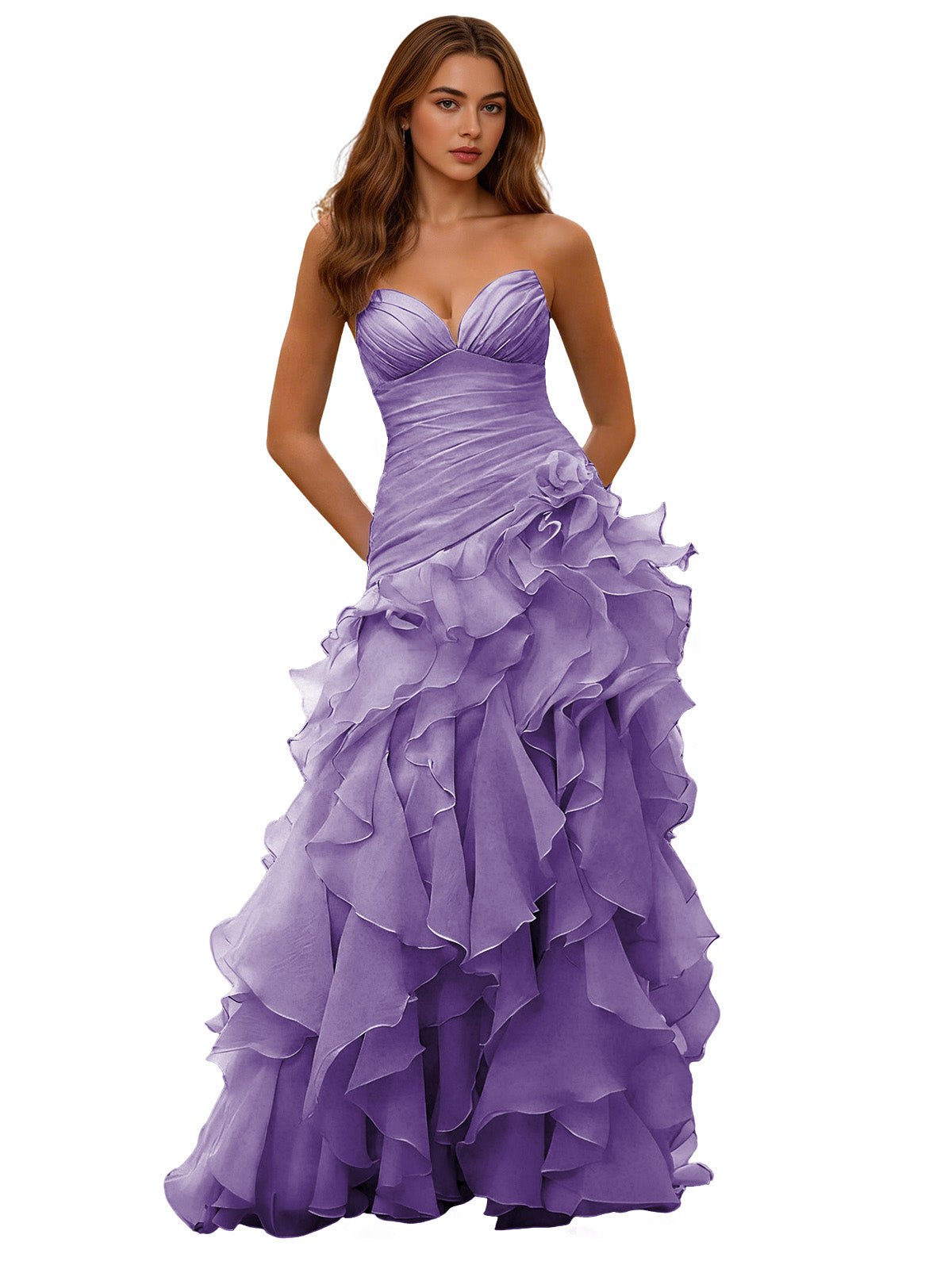 Strapless ruffle ball gown with draped corset bodice, lavender layered skirt.