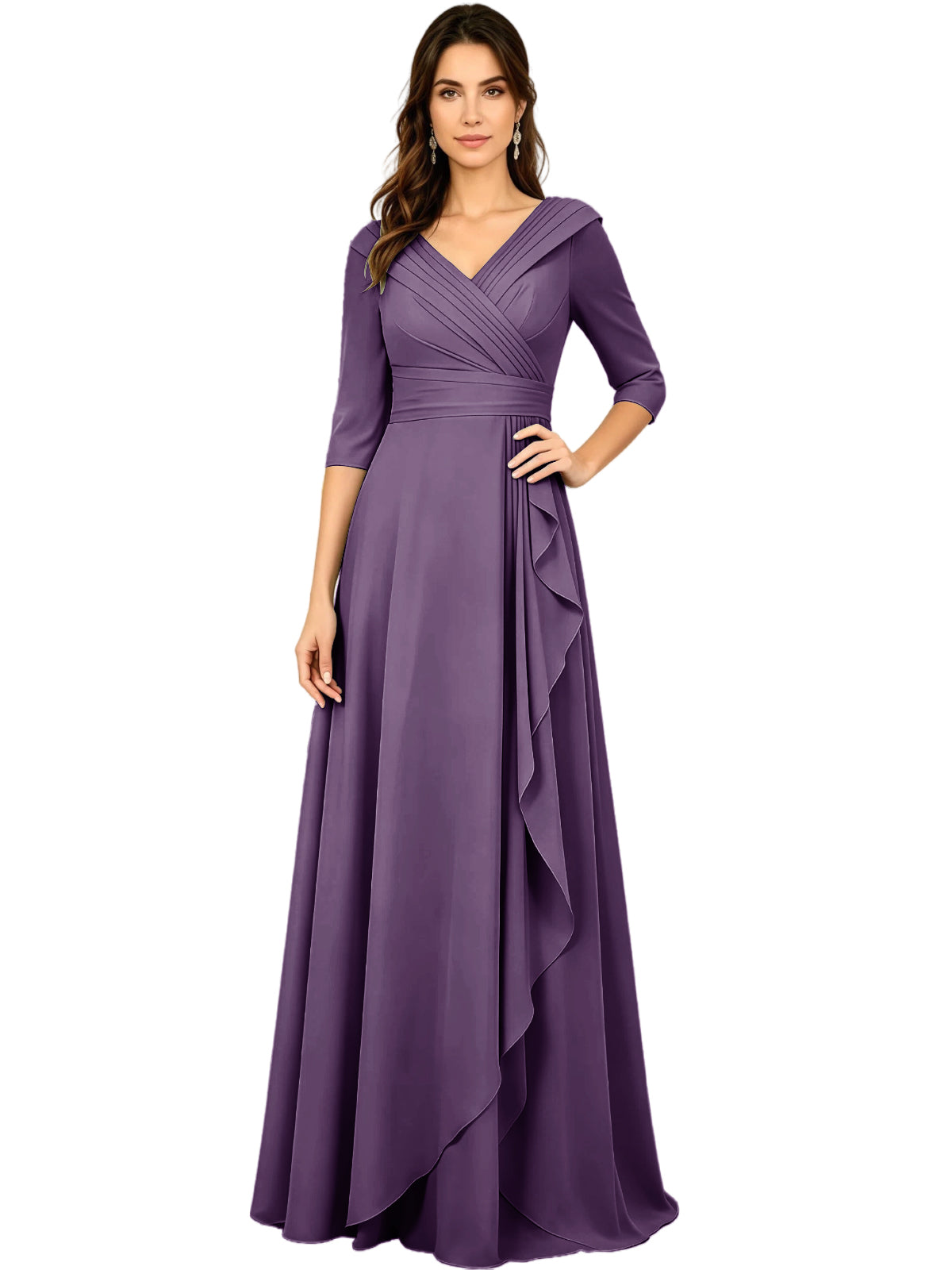 Lavender purple V-neck A-line mother of the bride dress, half sleeves, side ruffle detail.
