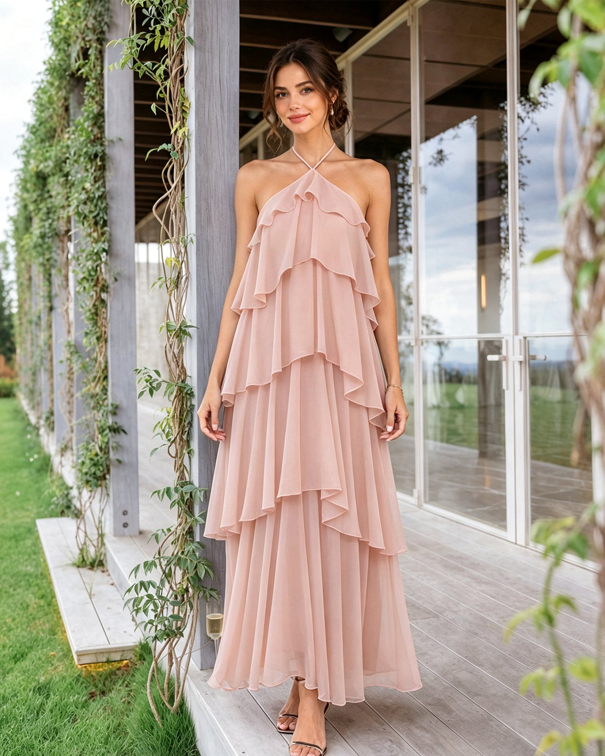 Light blush halter-neck tiered chiffon bridesmaid dress with cascading ruffle overlay