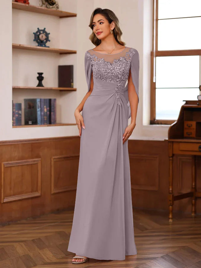 Lavender floor-length chiffon sheath dress with floral applique scoop neck