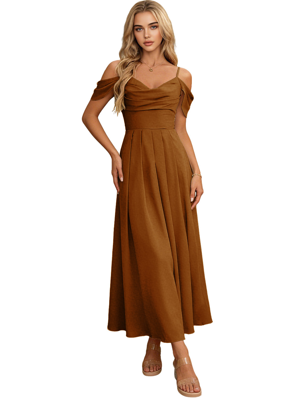 Brown off-shoulder midi bridesmaid dress with pleated bodice and flowing skirt