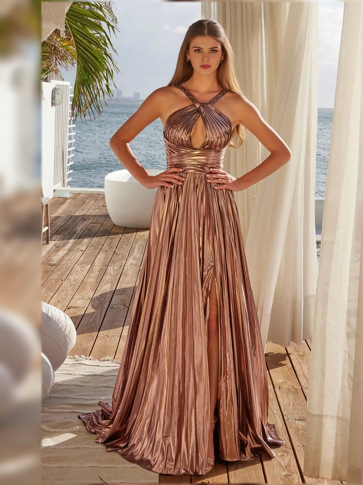 Halter-neck corset pleated formal dress, brown metallic floor-length, full front view