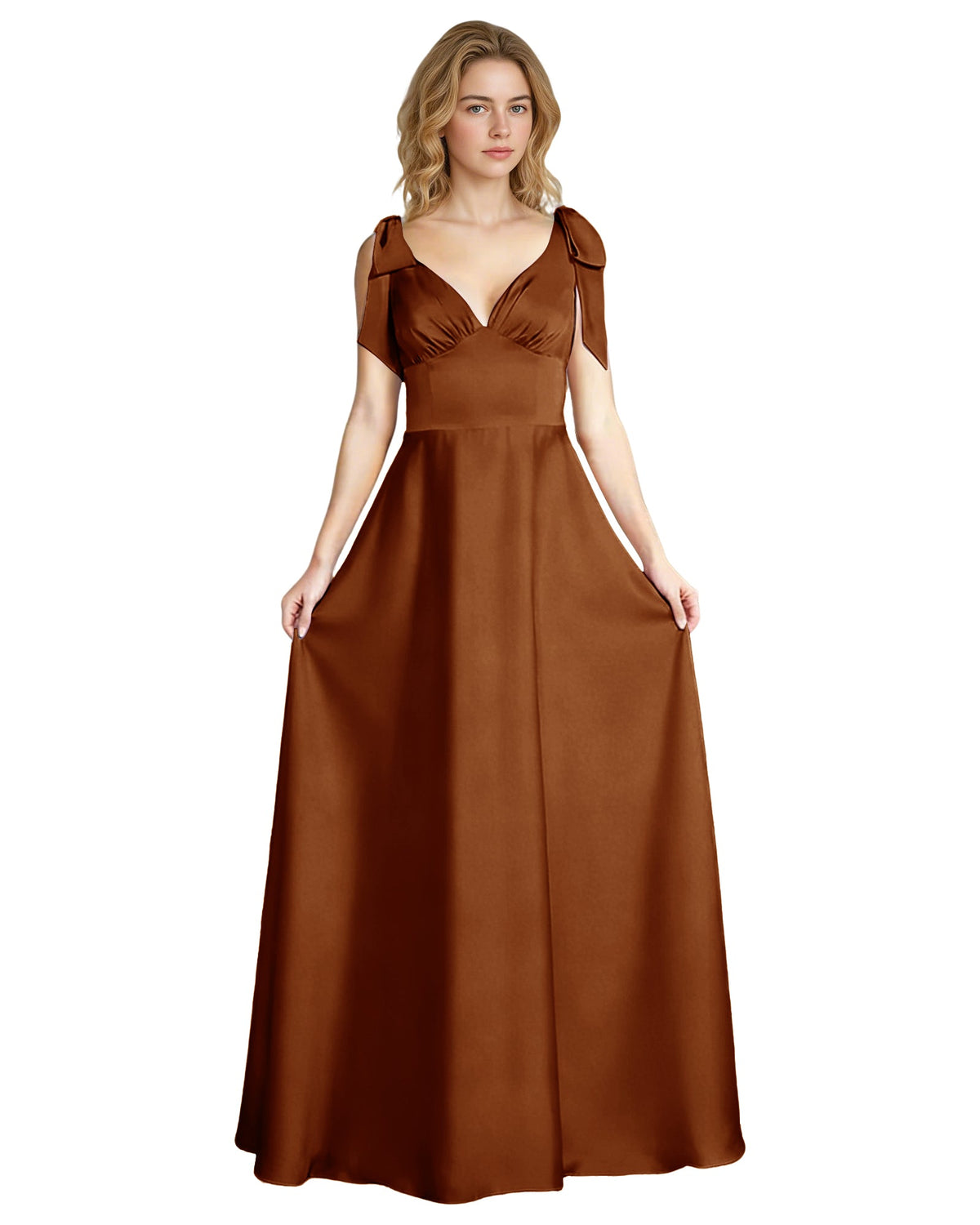 Brown satin V-neck bridesmaid dress with bow shoulder straps, empire waist, full skirt.
