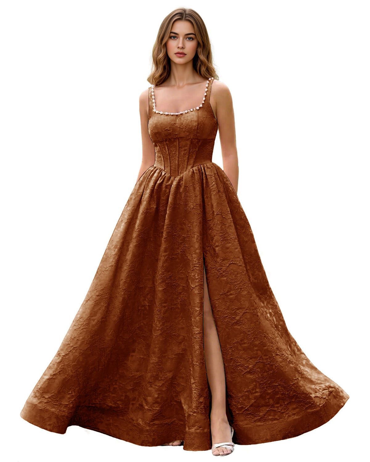 Bronze jacquard ball gown with square neckline, wide straps, fitted bodice, full skirt slit