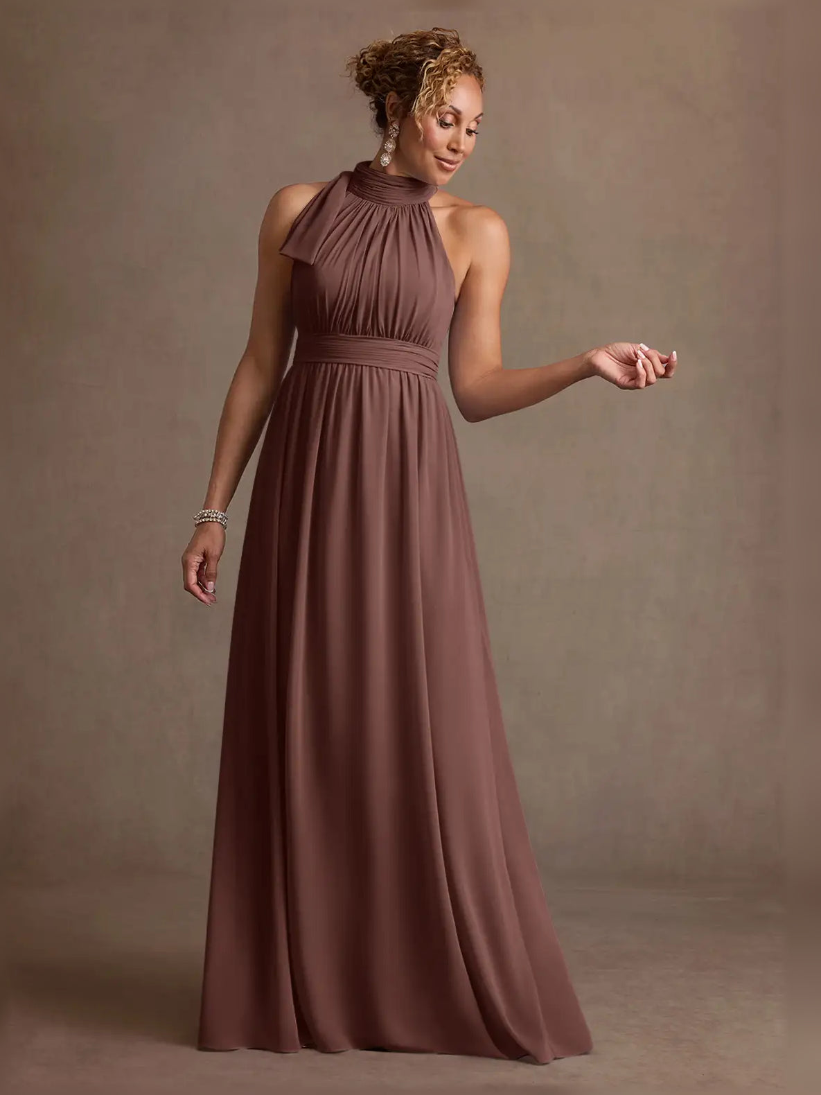 Brown halter neck ruched A-line formal dress, floor-length skirt with gathered bodice