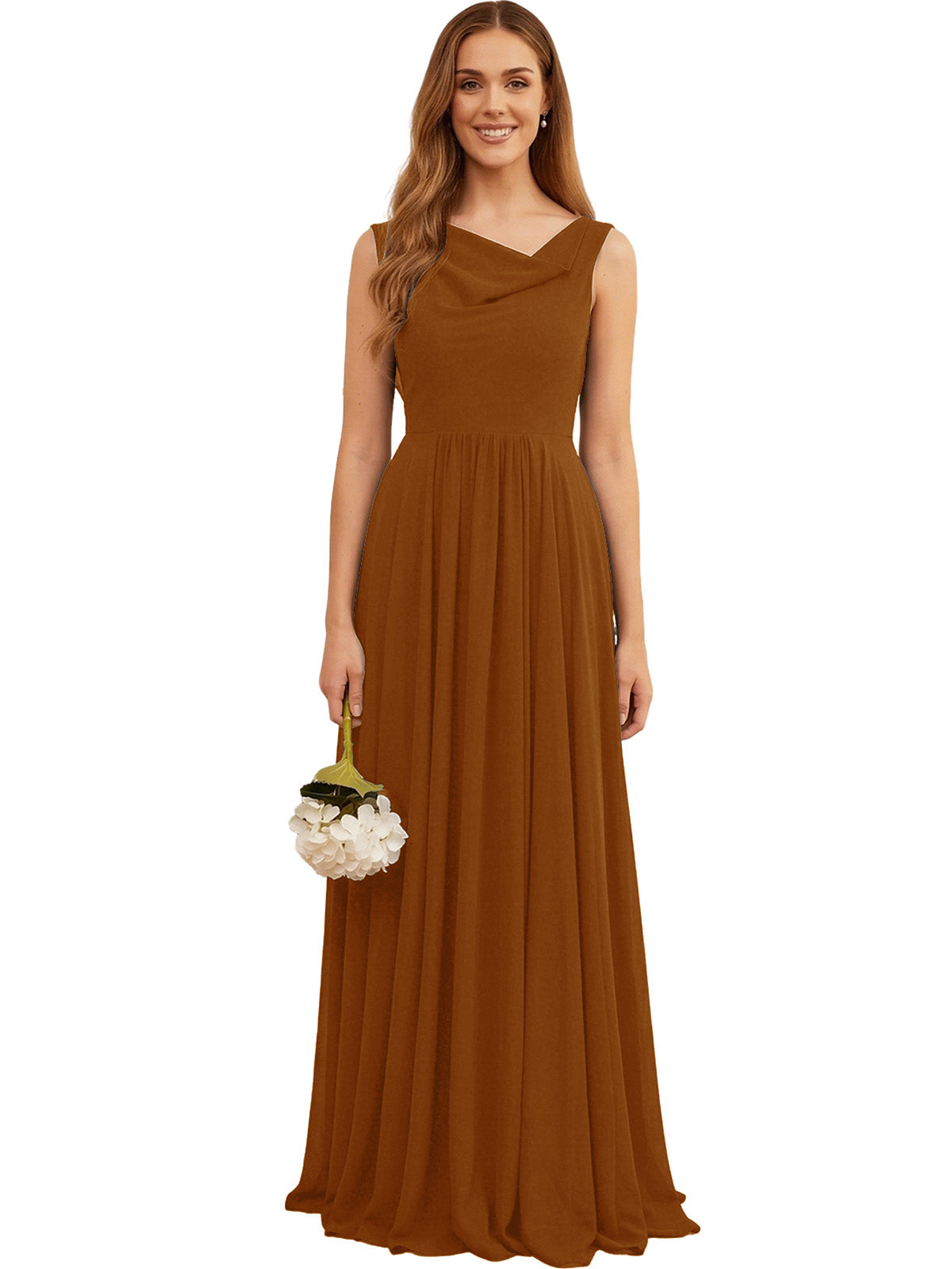 Brown chiffon bridesmaid dress, sleeveless V-neck with pleated full skirt