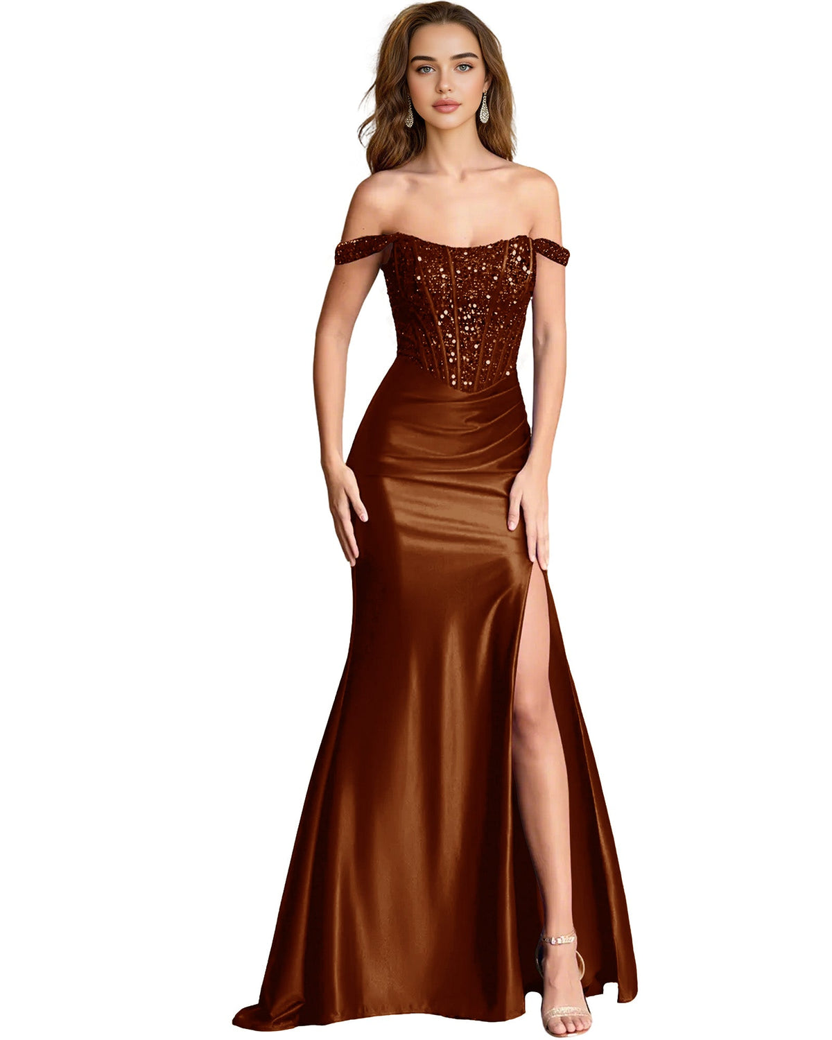 Bronze off-shoulder sequin satin mermaid dress with draped bodice and thigh slit