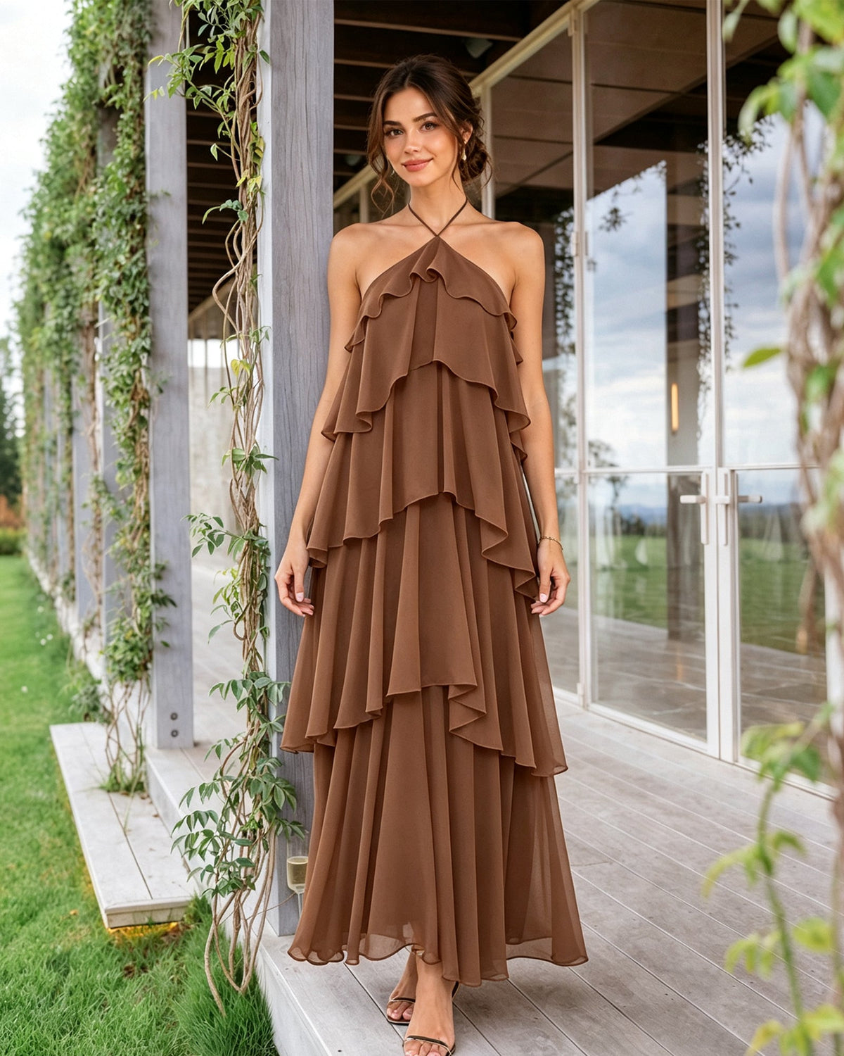 Taupe halter-neck tiered chiffon bridesmaid dress with layered ruffle overlay