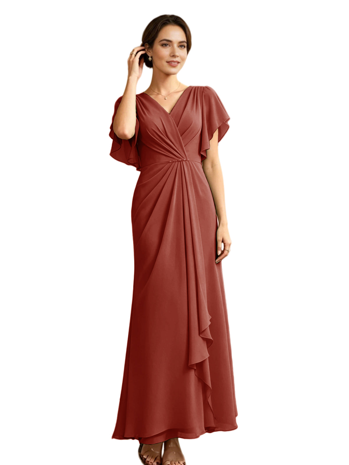 Rust red chiffon V-neck mother-of-the-bride gown with flutter sleeves and draped waist