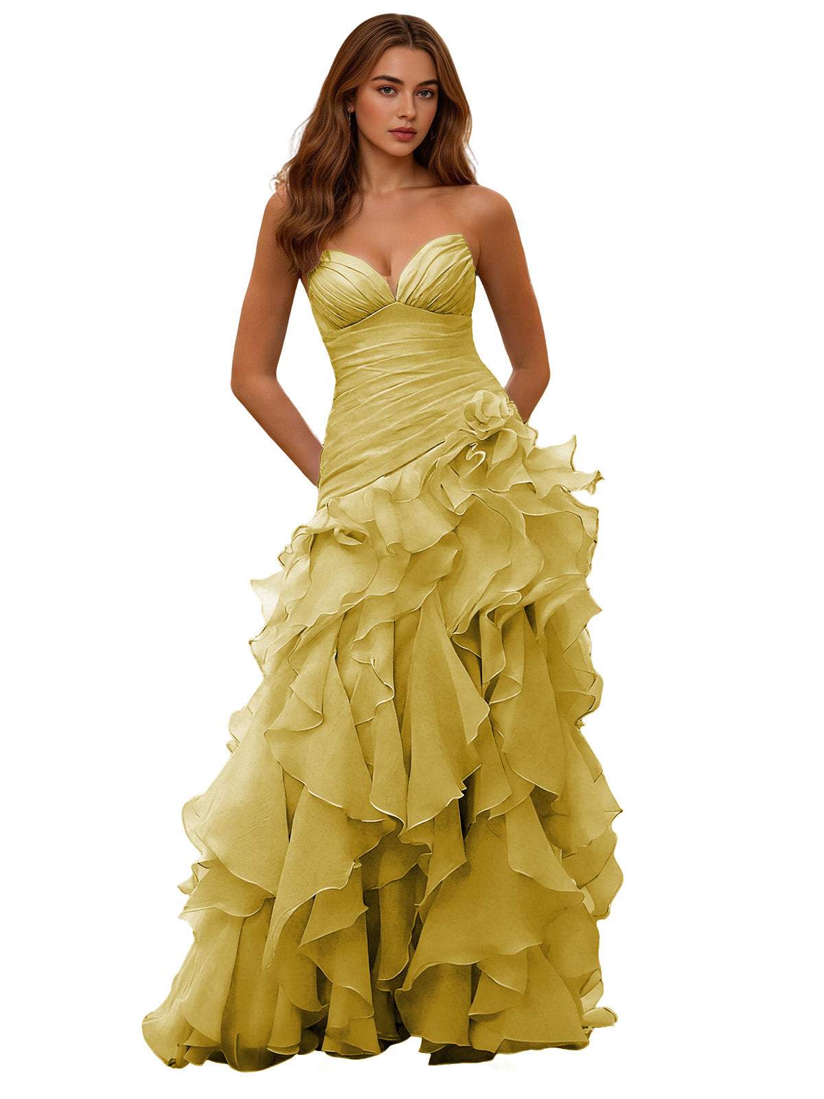 Strapless ruffle ball gown with draped corset bodice, pale yellow layered skirt.