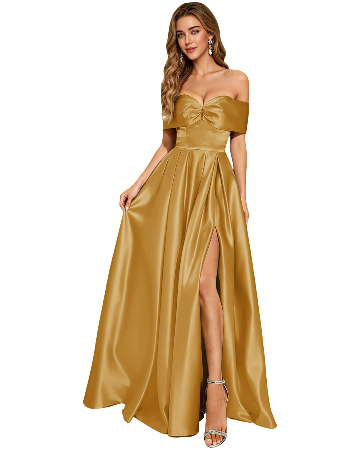 Gold satin strapless A-line prom dress with bow bodice and thigh slit