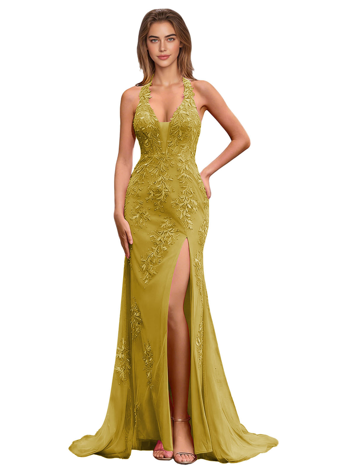 Halter lace mermaid prom dress in gold, applique bodice and thigh slit